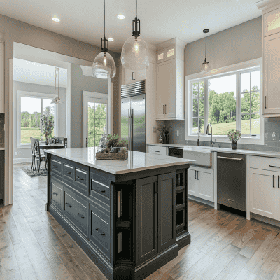 Modern Two-Tone Island Kitchen Design With Storage Cabinets