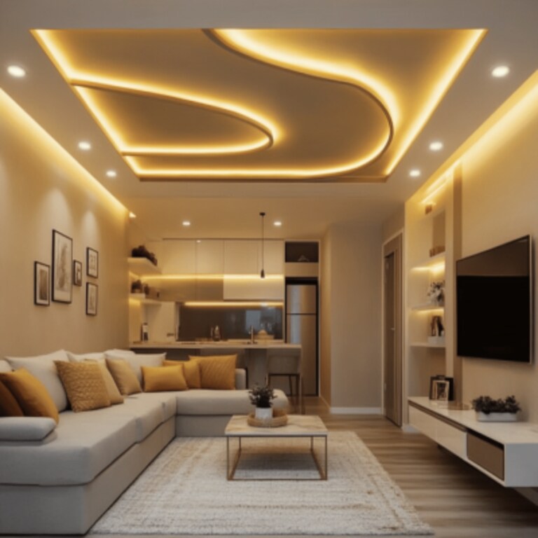 Contemporary Plus Minus Gypsum False Ceiling Design With Spotlights