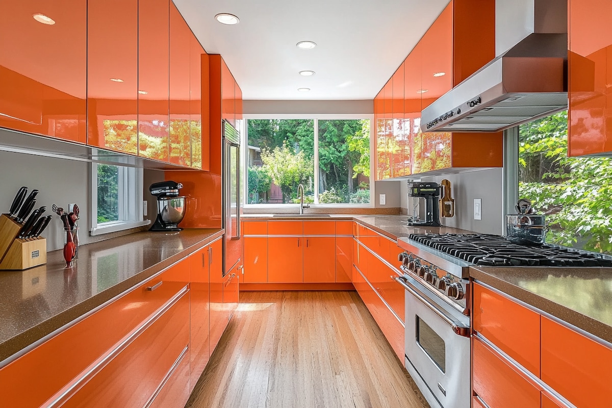 Contemporary Parallel Kitchen Design with Orange Units