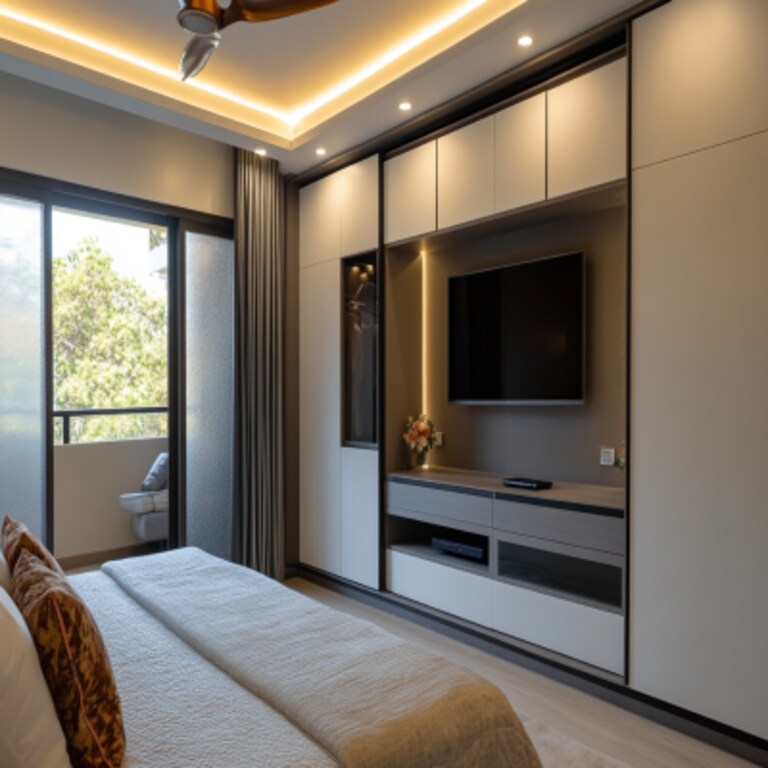 Modern White And Grey Sliding Door Wardrobe Design With Integrated TV Unit