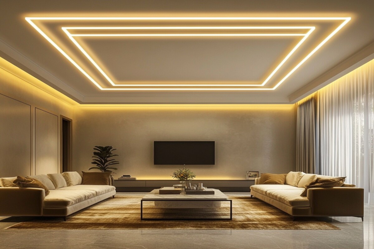 Contemporary Gypsum Rectangular False Ceiling Design With Profile Lighting