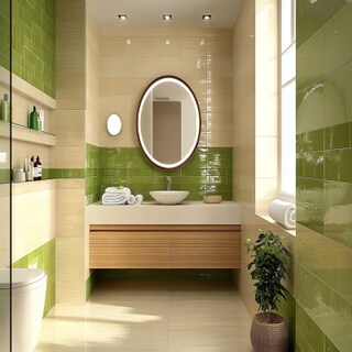 Classic Beige And Green Bathroom Design With Wooden Bathroom Cabinet