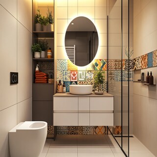 Modern Multicoloured Bathroom Design With White Storage And Round Mirror