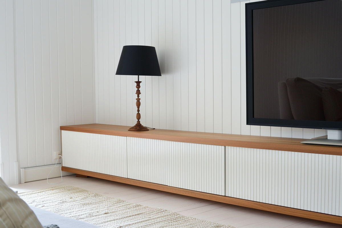 Minimal White And Wood TV Unit Design With White Fluted Panelling