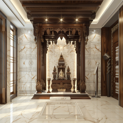 Traditional Dark Wood And Marble Mandir Design With 3D White Wall