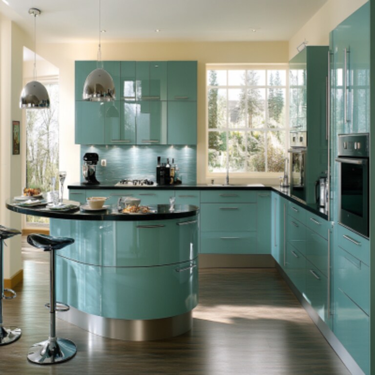 Spacious Modern Indian Kitchen Design in Aqua Green Colour