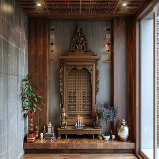 Contemporary Wooden Mandir Design With Textured Grey Accent Wall