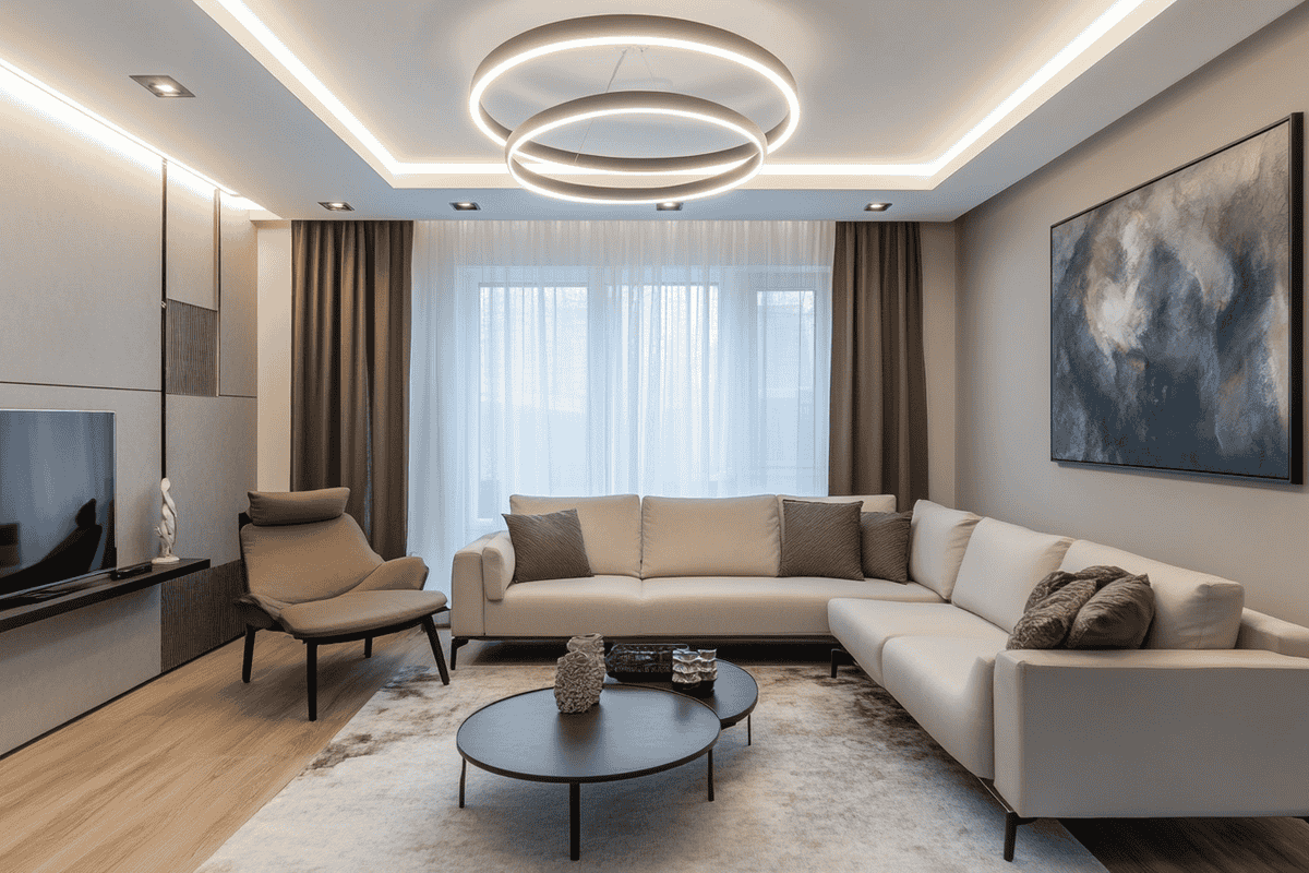 Contemporary Gypsum False Ceiling Design with Peripheral and Central Drop