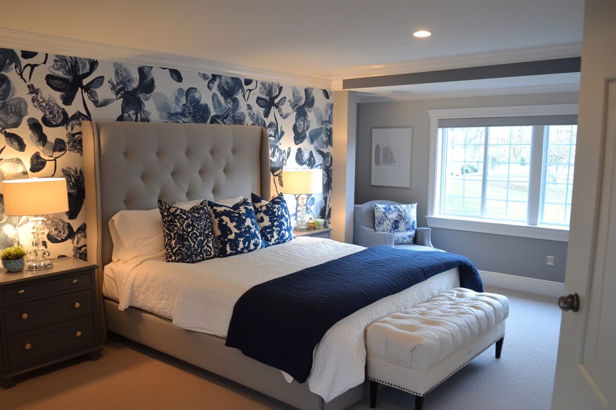 Modern Grey And Blue Master Bedroom Design With Floral Wallpaper