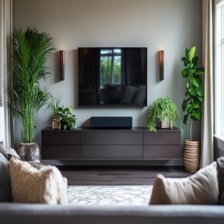 Modern Walnut Wood and White TV Unit Design with Marble Back Panel and Vertical Panels