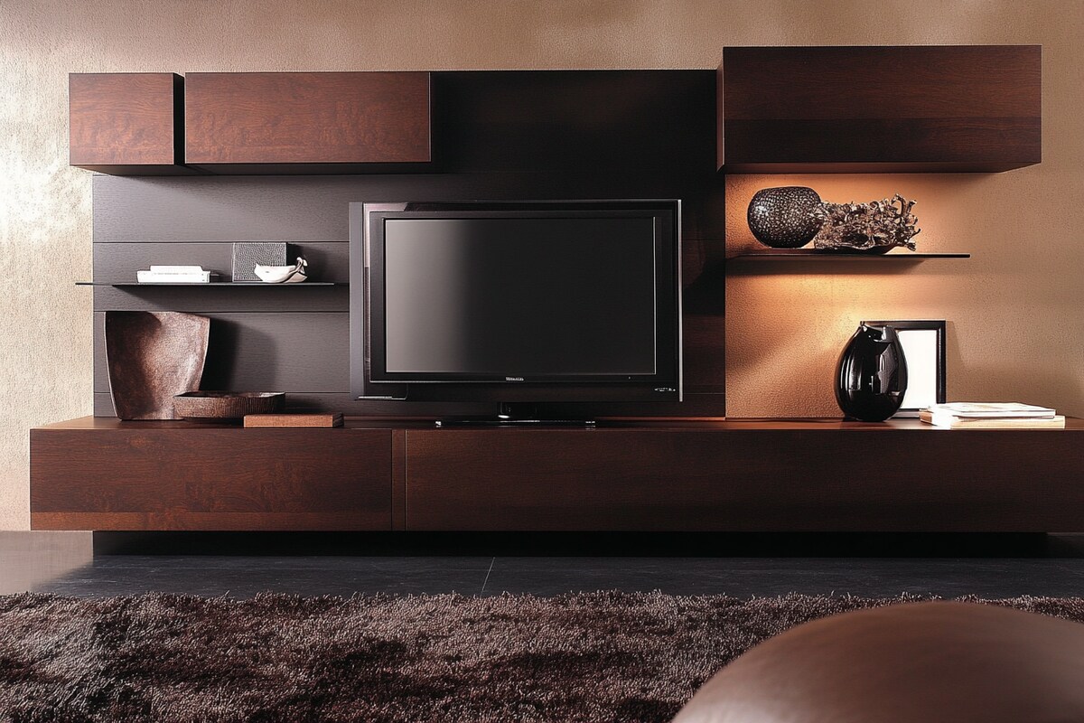 Modern Dark Wood Floor-Mounted TV Unit Design with Long Shelf Modern Dark Wood Floor-Mounted TV Unit Design with Long Shelf