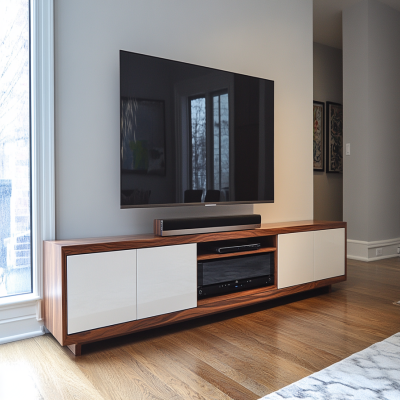 Modern Sleek Canadian Walnut and Frosty White TV Unit Design