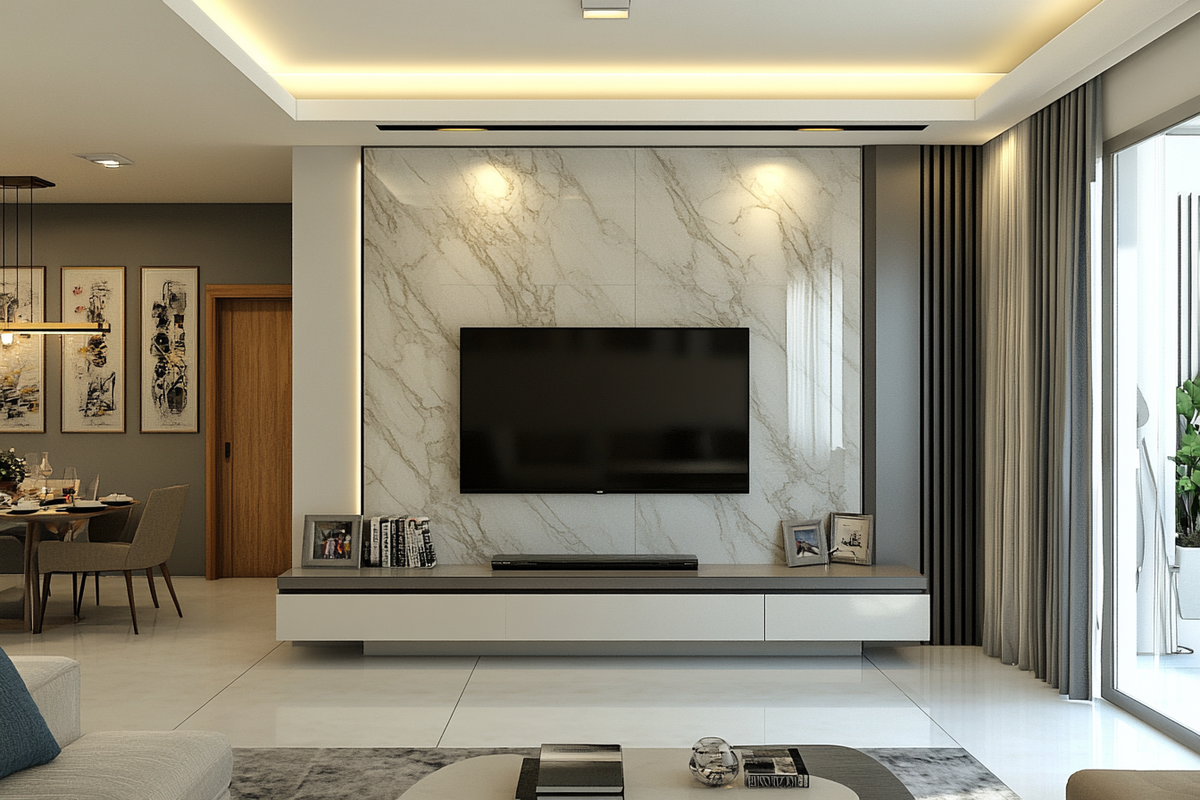 Grey and Cream Backdrop Modern TV Unit Design