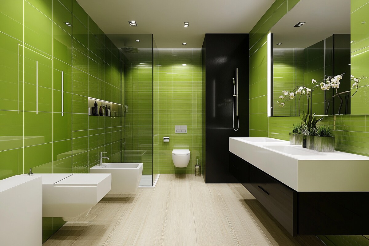 Contemporary Green-Black And White Bathroom Design With Wooden Storage