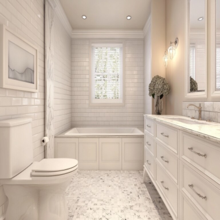 Minimal White Bathroom Design With Drawers And Loft Cabinet