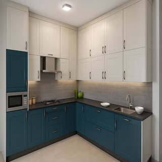 Contemporary Teal and White L Shaped Kitchen with Shaker Cabinets