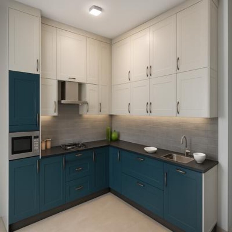 Contemporary Teal and White L Shaped Kitchen with Shaker Cabinets