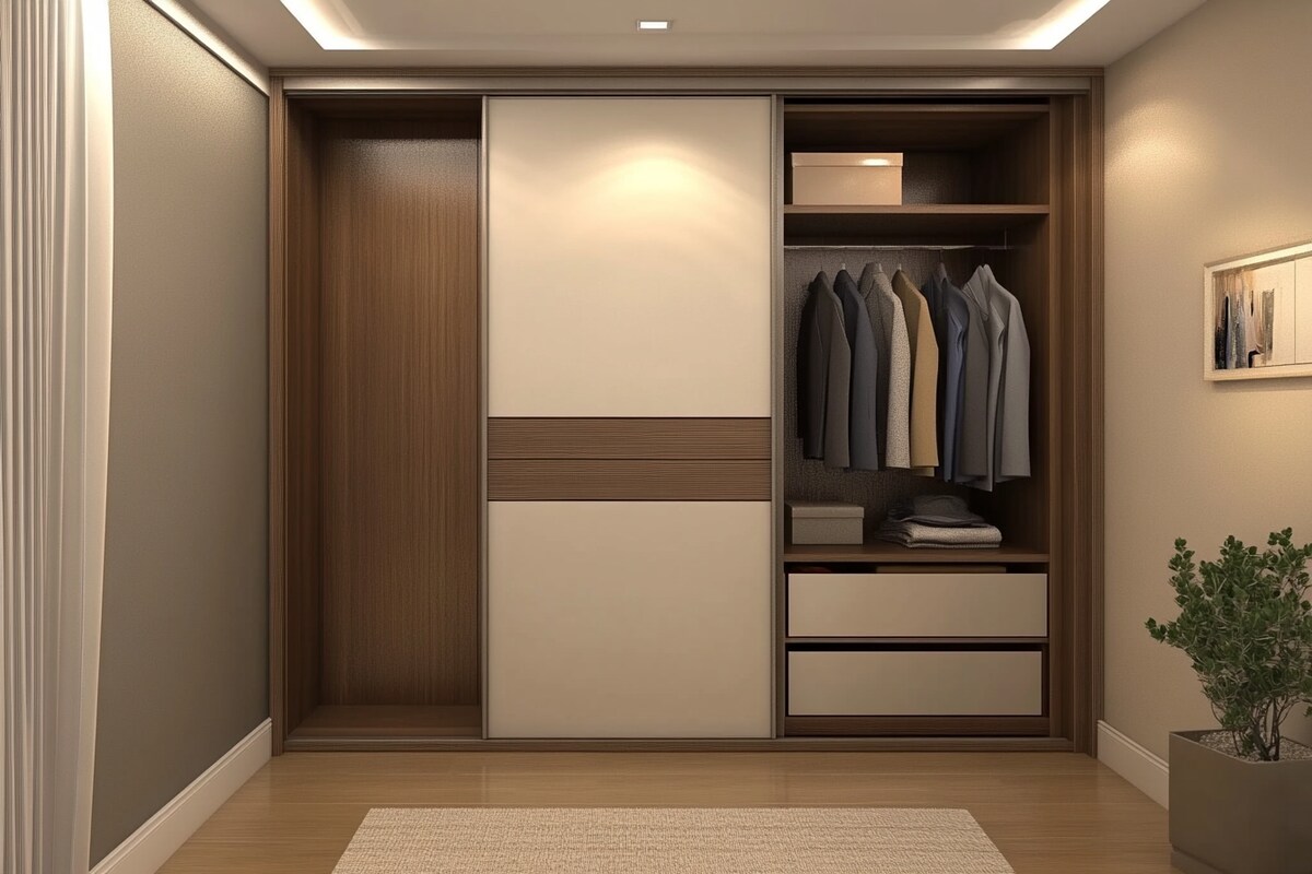 Minimal 3-Door Sliding Wardrobe Design In Brown And White Minimal 3-Door Sliding Wardrobe Design In Brown And White