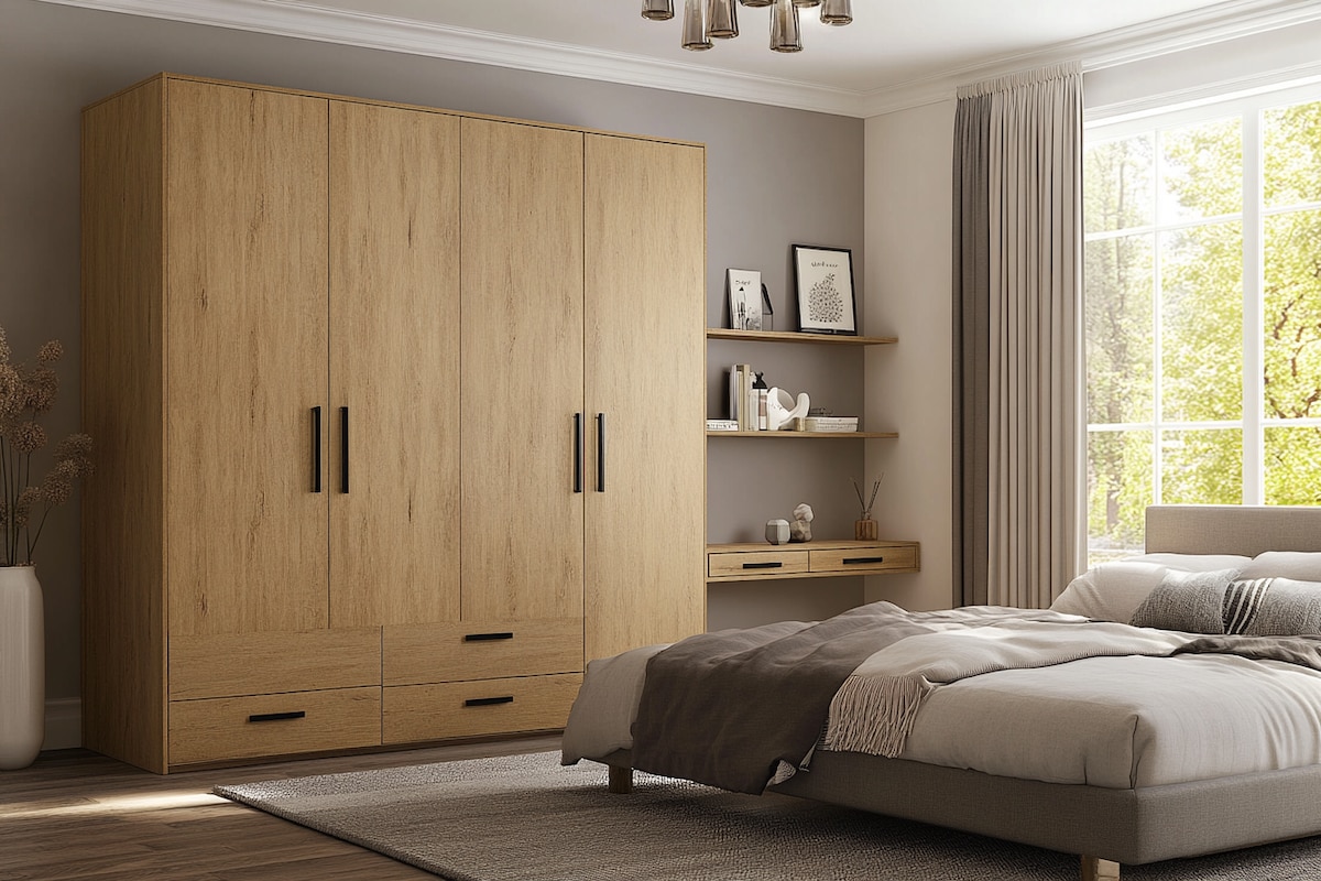 Contemporary Light Brown 4-Door Swing Wardrobe Design With Integrated Study Table