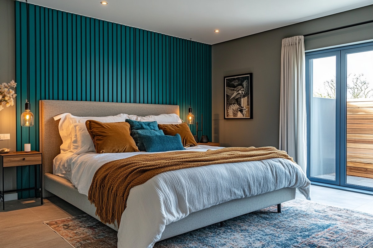 Contemporary Master Bedroom Design With Teal Fluted Panelled Accent Wall