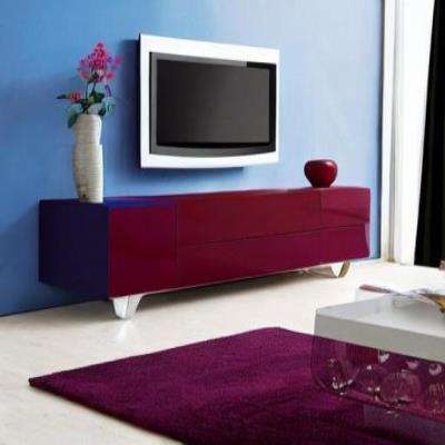 Modern TV Unit Design in Blue and Maroon Laminate with a Planter