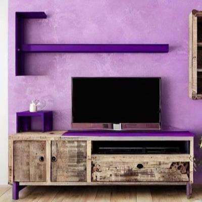 Rustic TV Unit Design in Violet with Floating Shelves