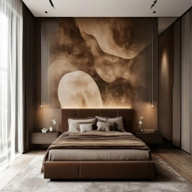 Modern Brown Bedroom Wall Design With Wallpaper And Paint