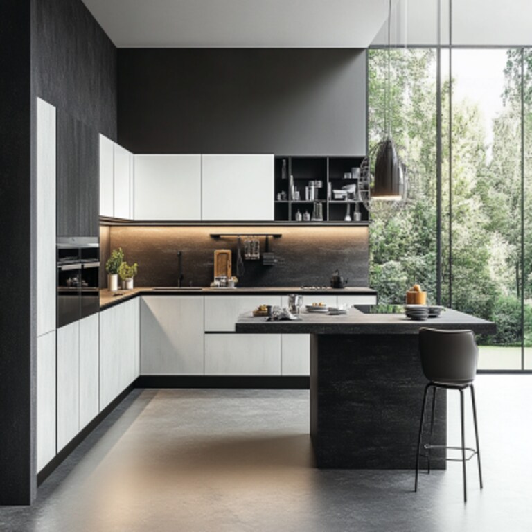 Contemporary Frosty White And Black Currant Modular L-Shaped Kitchen Design