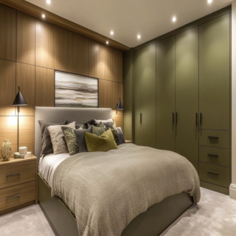 Contemporary Master Bedroom Design With 6-Door Olive Green Wardrobe