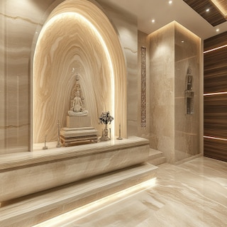 Modern Mandir Design With Marble Arc Wall