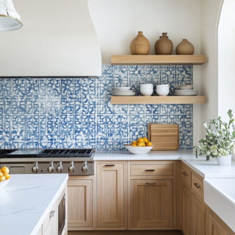 Blue and White Ceramic Mosaic Tiles Design for Kitchens