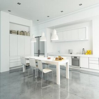 Minimal Open Kitchen Design in Irish Cream with Granite Countertop