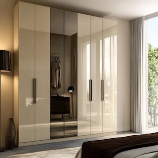 Modern 5-Door Swing Wardrobe Design With Mirror In Cream Tones