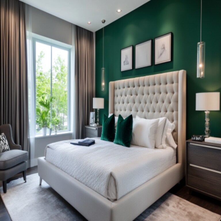 Contemporary Master Bedroom Design With Tufted Bed and Green Accent Wall