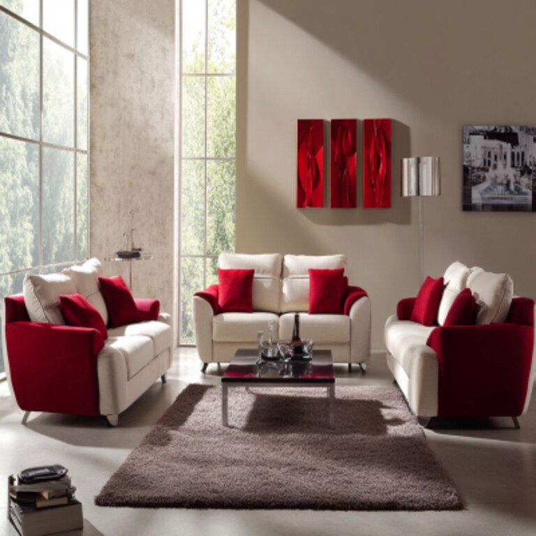 Contemporary Living Room Design Cream and Red Sofas and Coffee Table