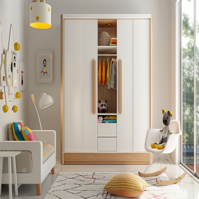 Scandinavian White And Wood Kids Room Design With 2-door White Swing Wardrobe And Open Storage