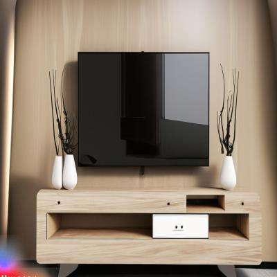 Modern TV Unit Design in Wooden and Beige Laminate
