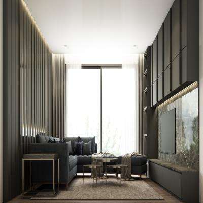 Super Futuristic Design Living Room Featuring an All Black Elements and Illuminating Windows