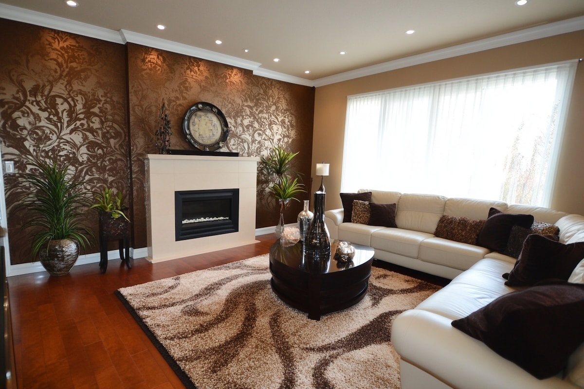 Contemporary Cream And Brown Living Room Wall Design With Textured Wallpaper