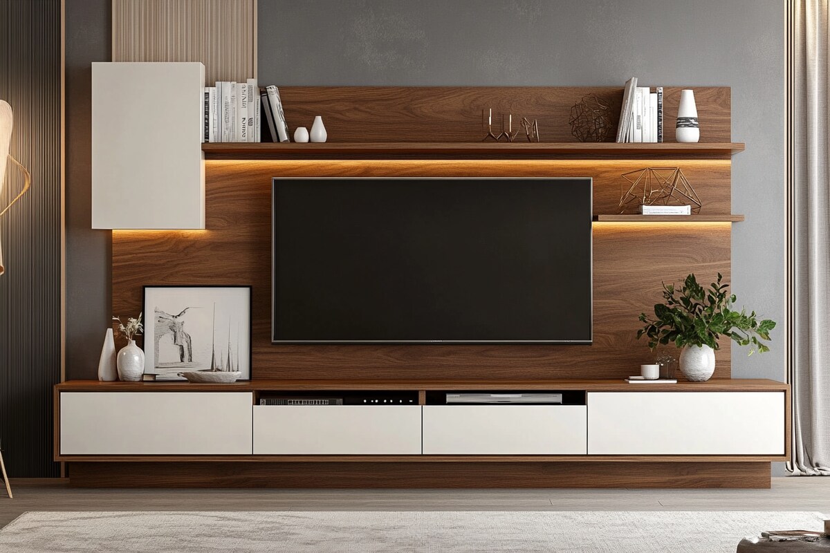 Contemporary TV Unit Design With Frosty White And Walnut Bronze