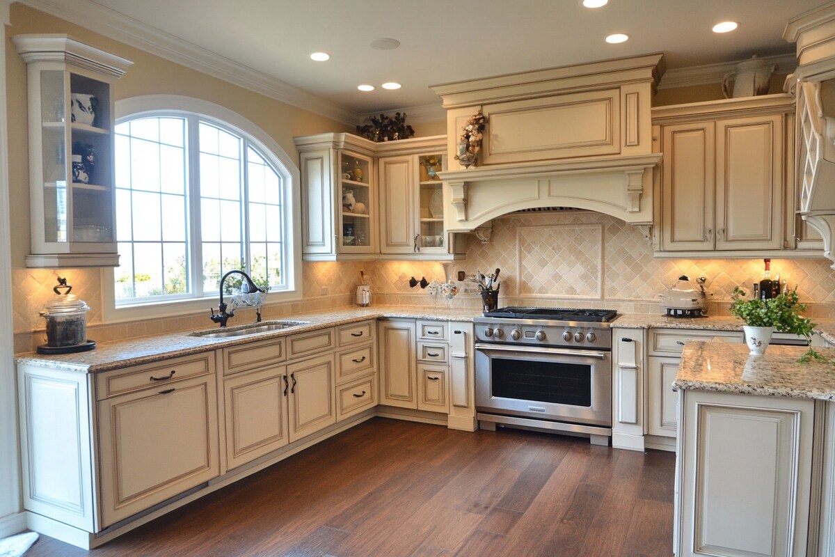 Classic Modular L-Shape Kitchen Design With Beige Square Ceramic Kitchen Backsplash