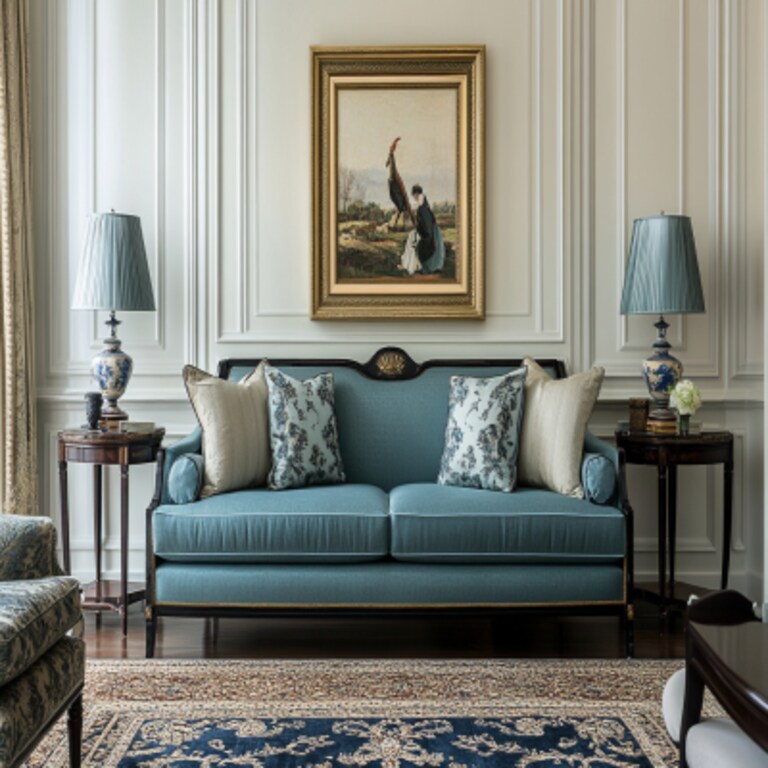 Traditional Living Room Design with 2-Seater Blue Sofa and Wall Trims