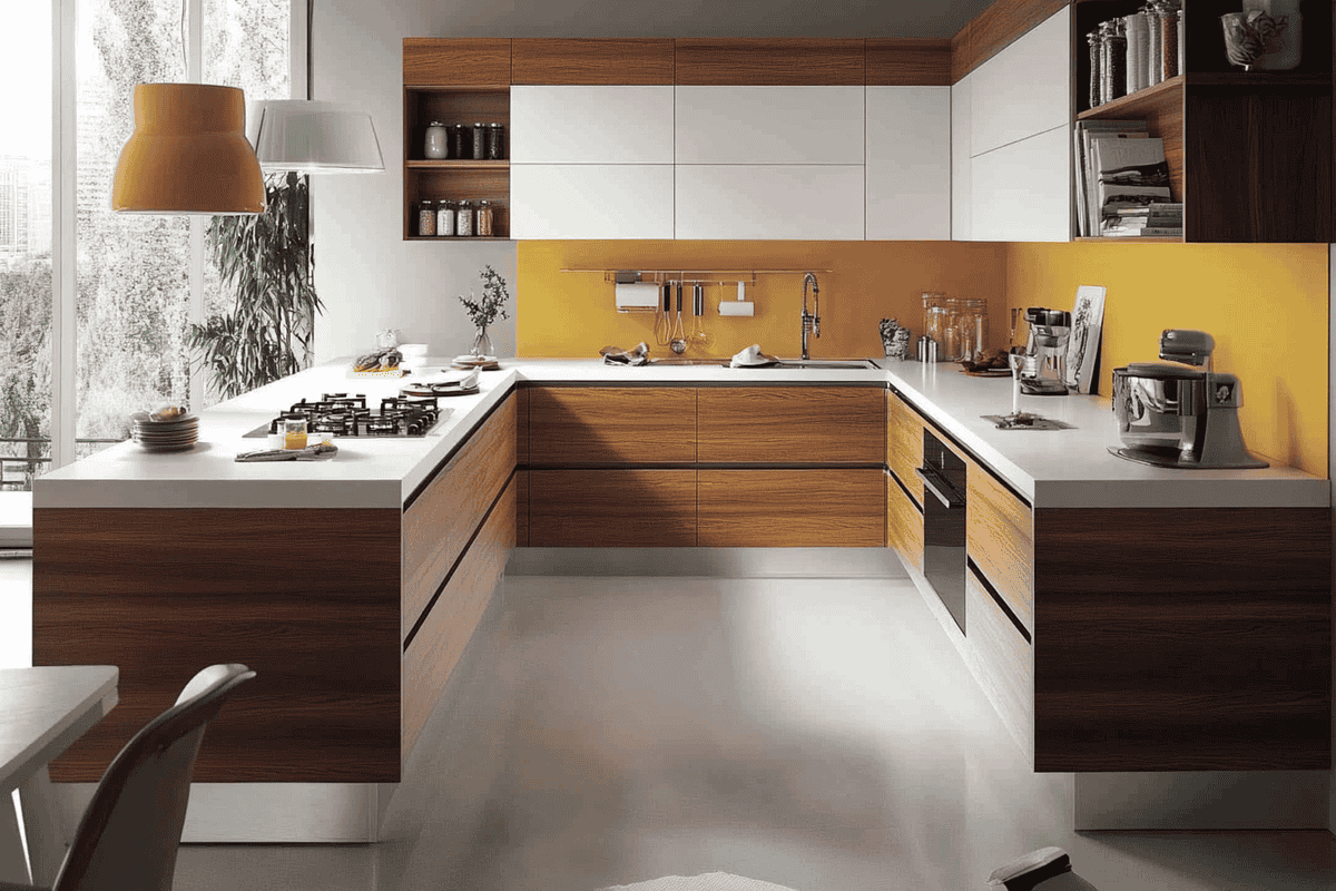 Walnut, White and Yellow Contemporary L-Shaped Kitchen Design