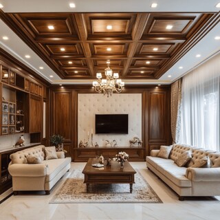 Transitional Lacunar Wood And Gypsum False Ceiling Design