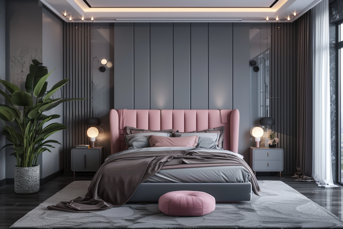 Contemporary Grey And Pink Master Bedroom Design With Grey Fluted Wall Panelling