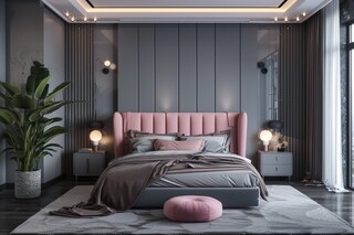 Contemporary Grey And Pink Master Bedroom Design With Grey Fluted Wall ...