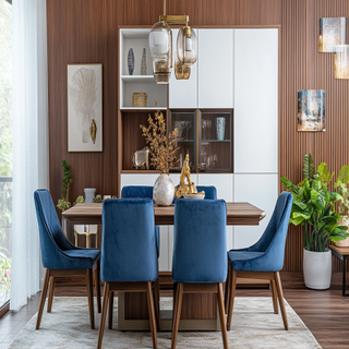 Modern Wooden Dining Room Design With Blue Velvet Upholstered Chairs And White Storage Unit