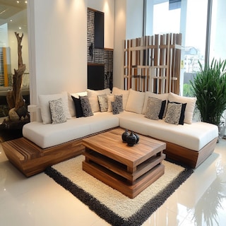 Traditional Living Room Design With White L-Shaped Sofa And Wooden Seater