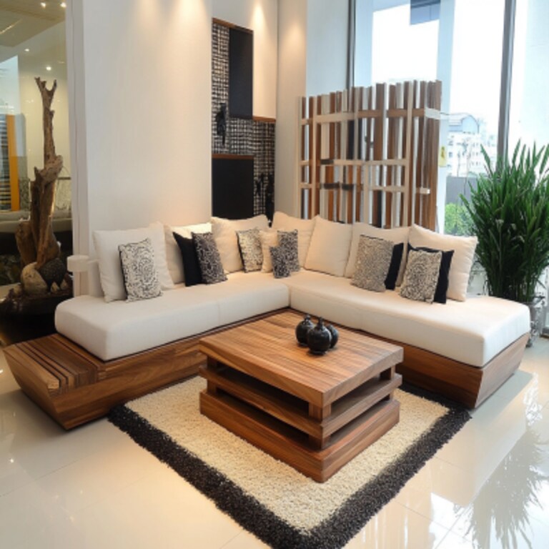 Traditional Living Room Design With White L-Shaped Sofa And Wooden Seater