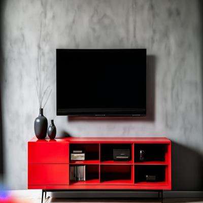 Modern TV Unit Design in Red and Black Laminate